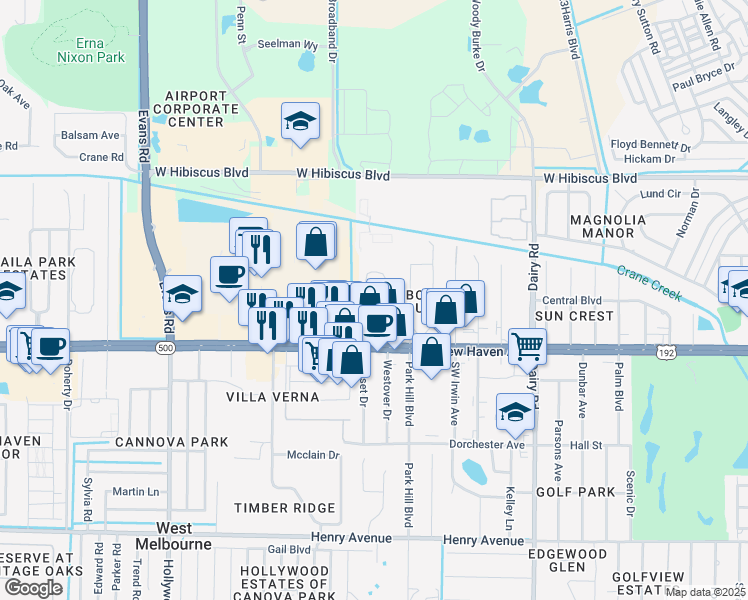 map of restaurants, bars, coffee shops, grocery stores, and more near 39 Piney Branch Way in Melbourne