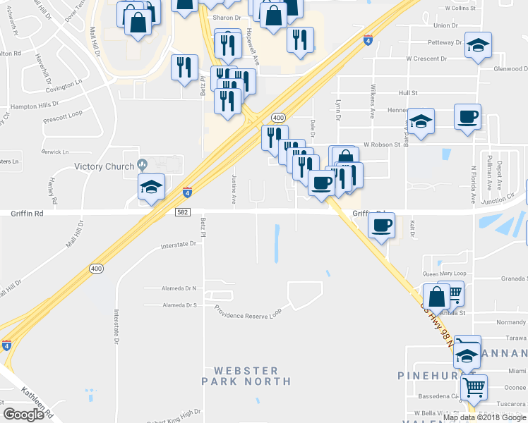 map of restaurants, bars, coffee shops, grocery stores, and more near 1006 Griffin Road in Lakeland