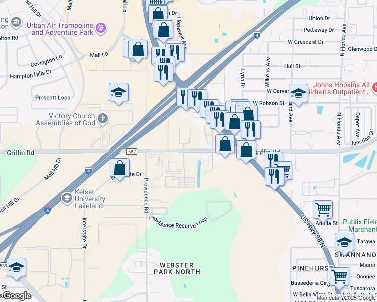 map of restaurants, bars, coffee shops, grocery stores, and more near 1006 Griffin Road in Lakeland