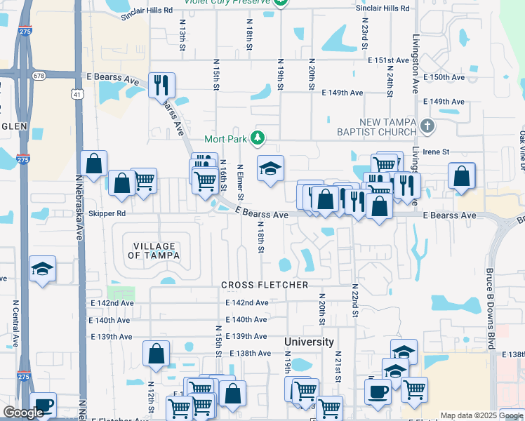 map of restaurants, bars, coffee shops, grocery stores, and more near 14513 North 18th Street in Tampa