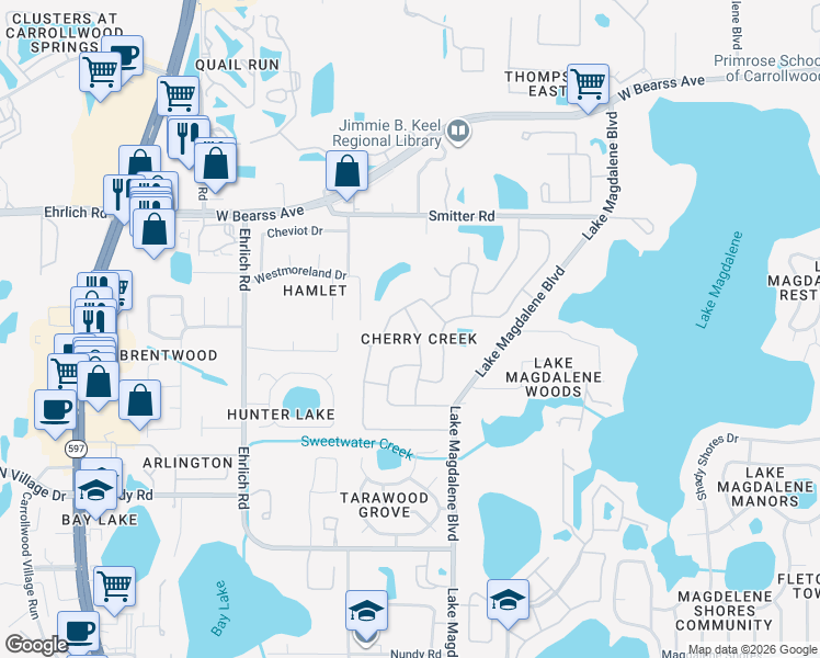 map of restaurants, bars, coffee shops, grocery stores, and more near 3101 Forest Knoll Circle in Tampa