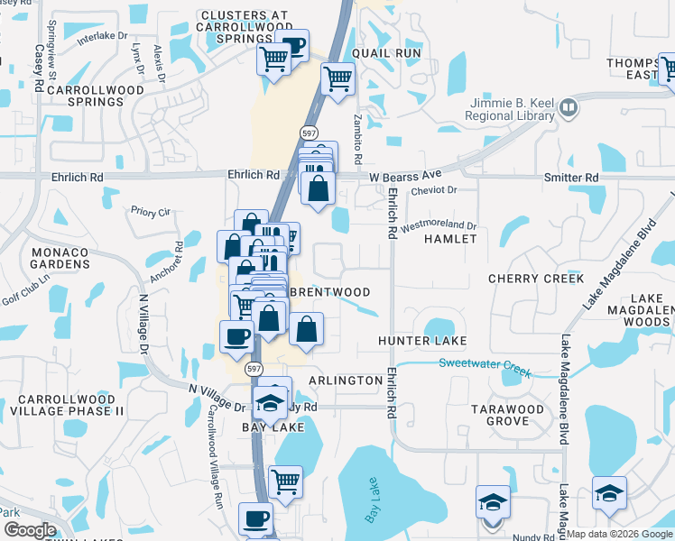 map of restaurants, bars, coffee shops, grocery stores, and more near 14410 Brentwood Drive in Tampa