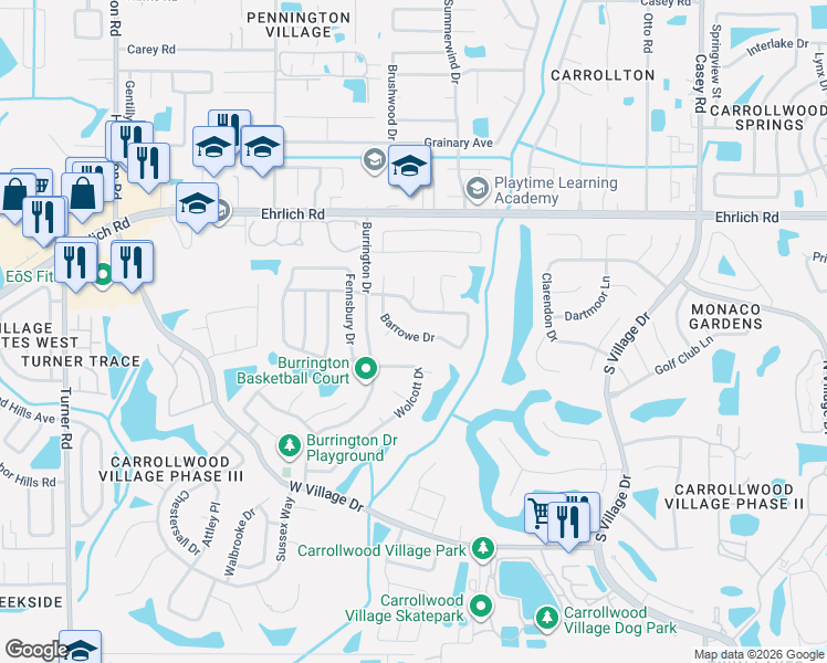 map of restaurants, bars, coffee shops, grocery stores, and more near 5021 Barrowe Drive in Tampa