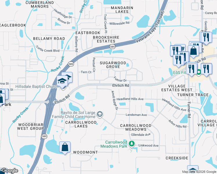 map of restaurants, bars, coffee shops, grocery stores, and more near 14522 Knoll Ridge Drive in Tampa