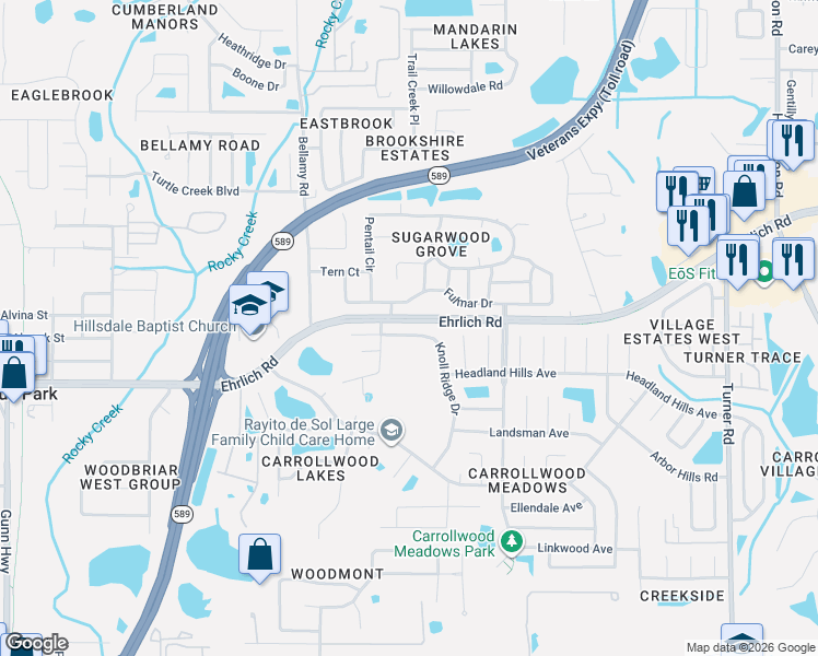 map of restaurants, bars, coffee shops, grocery stores, and more near 14522 Knoll Ridge Drive in Tampa