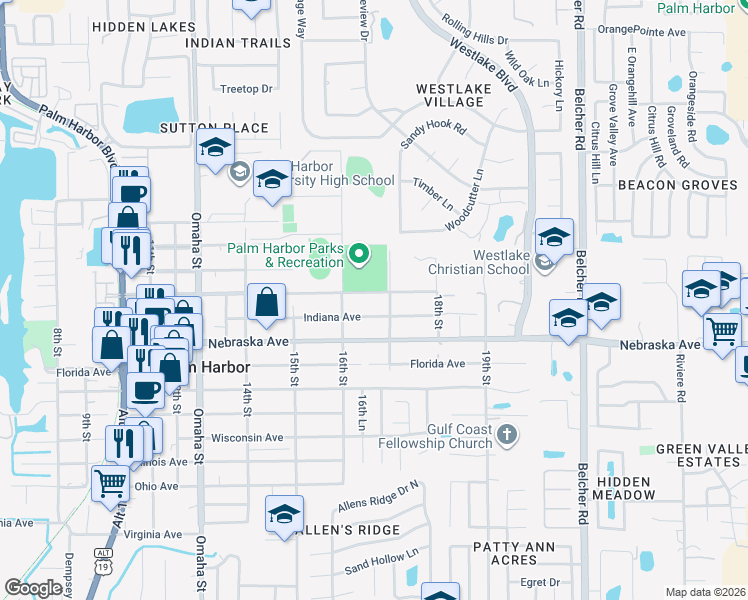 map of restaurants, bars, coffee shops, grocery stores, and more near 1631 Indiana Avenue in Palm Harbor