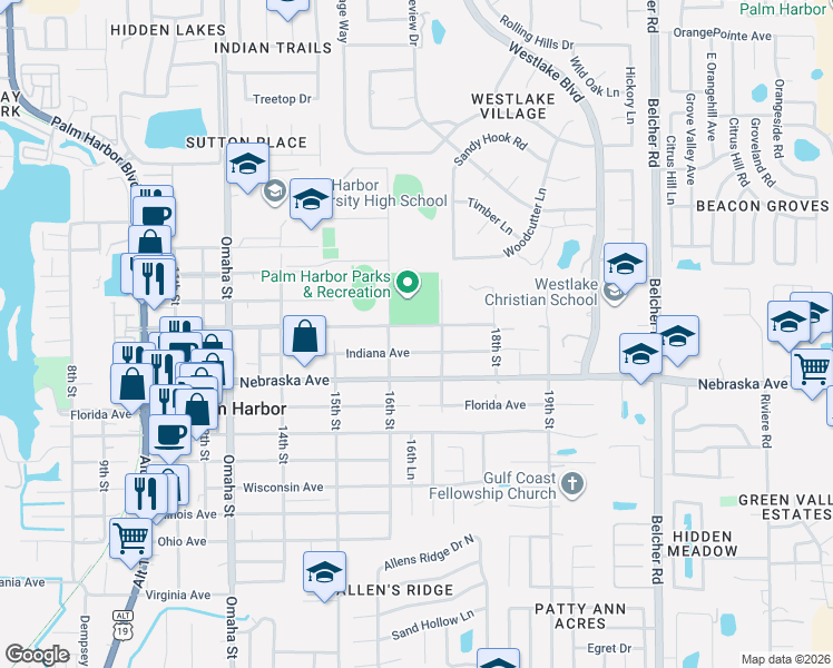 map of restaurants, bars, coffee shops, grocery stores, and more near 1631 Indiana Avenue in Palm Harbor