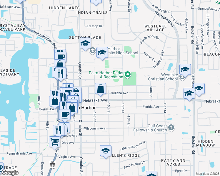 map of restaurants, bars, coffee shops, grocery stores, and more near 1505 Indiana Avenue in Palm Harbor