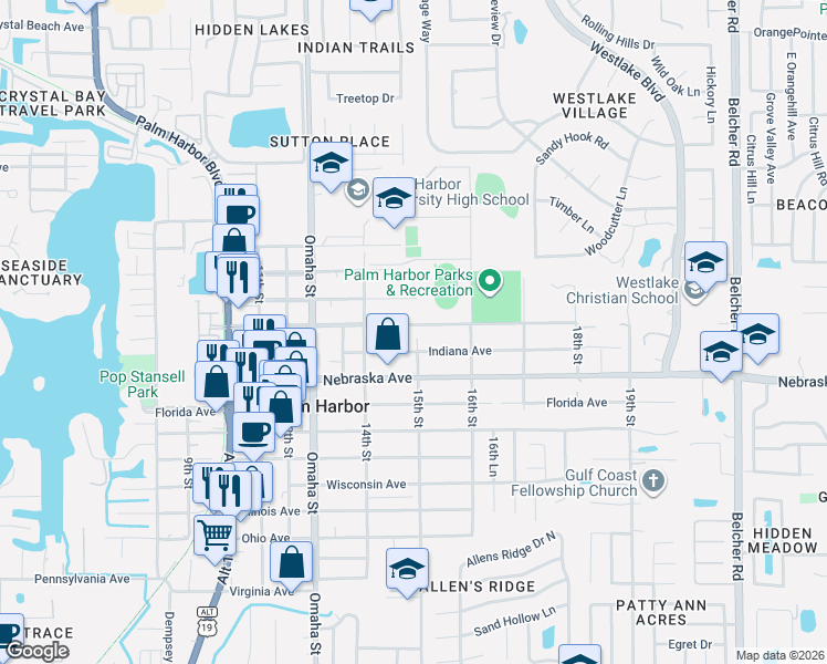 map of restaurants, bars, coffee shops, grocery stores, and more near 1505 Indiana Avenue in Palm Harbor
