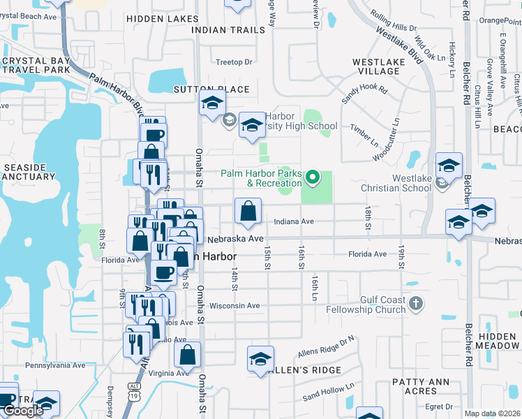 map of restaurants, bars, coffee shops, grocery stores, and more near 1443 Indiana Avenue in Palm Harbor