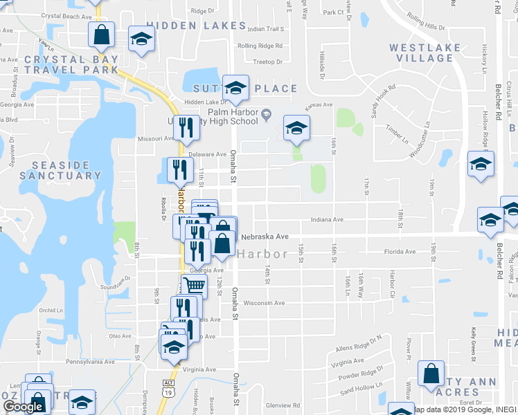 map of restaurants, bars, coffee shops, grocery stores, and more near 1306 Sutherland Drive in Palm Harbor