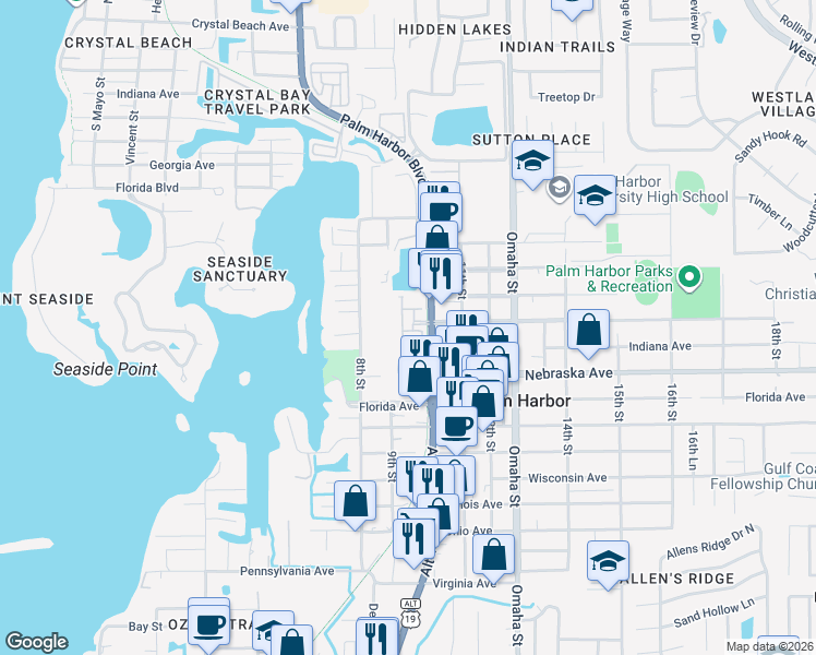 map of restaurants, bars, coffee shops, grocery stores, and more near 1304 Ribolla Drive in Palm Harbor