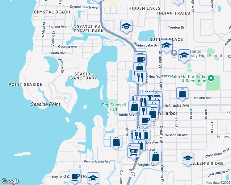 map of restaurants, bars, coffee shops, grocery stores, and more near in Palm Harbor