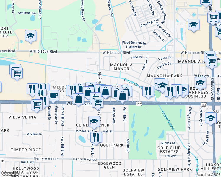 map of restaurants, bars, coffee shops, grocery stores, and more near 899 Central Boulevard in Melbourne
