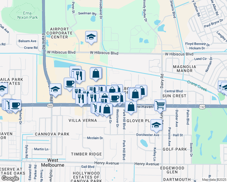 map of restaurants, bars, coffee shops, grocery stores, and more near 39 Piney Branch Way in Melbourne