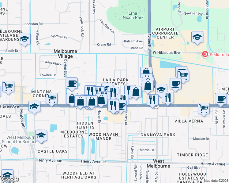 map of restaurants, bars, coffee shops, grocery stores, and more near 90 East Laila Drive in Melbourne