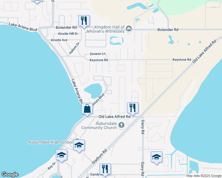 map of restaurants, bars, coffee shops, grocery stores, and more near 213 Lakeside Hills Loop in Auburndale