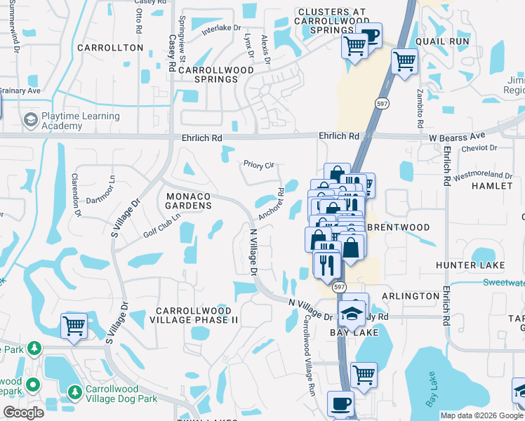 map of restaurants, bars, coffee shops, grocery stores, and more near 14501 Anchoret Road in Tampa