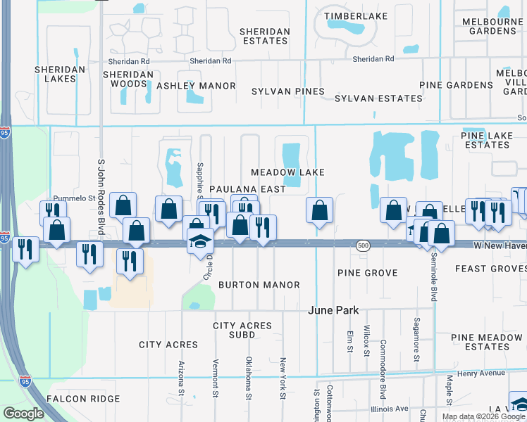 map of restaurants, bars, coffee shops, grocery stores, and more near 6 Nina Jean Drive in Melbourne