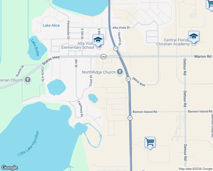 map of restaurants, bars, coffee shops, grocery stores, and more near 2600 Crest Drive in Haines City