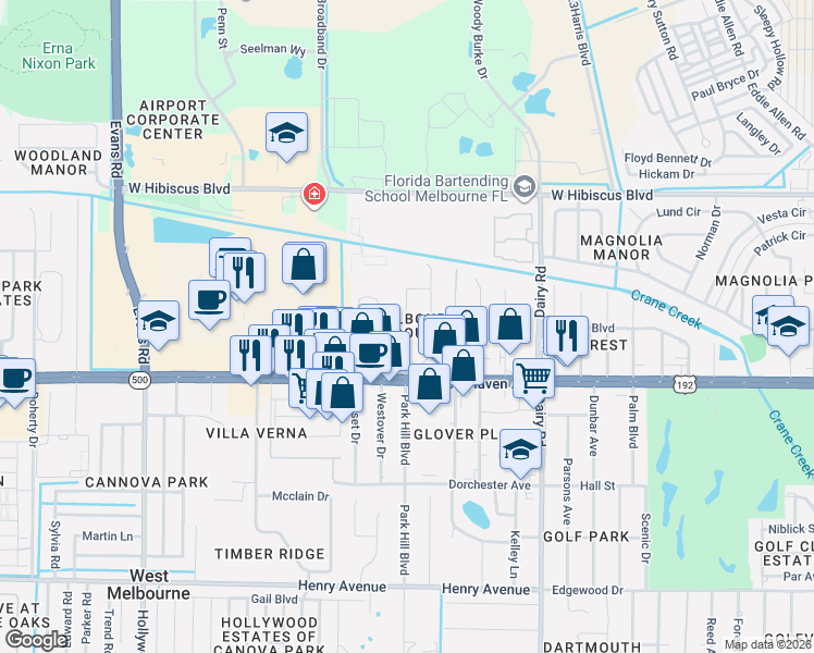 map of restaurants, bars, coffee shops, grocery stores, and more near 52 West Court in West Melbourne