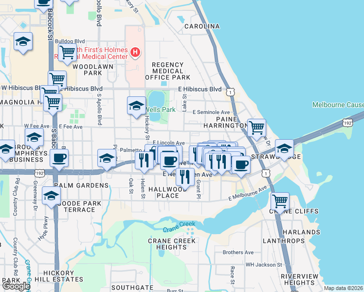 map of restaurants, bars, coffee shops, grocery stores, and more near 625 East Lincoln Avenue in Melbourne