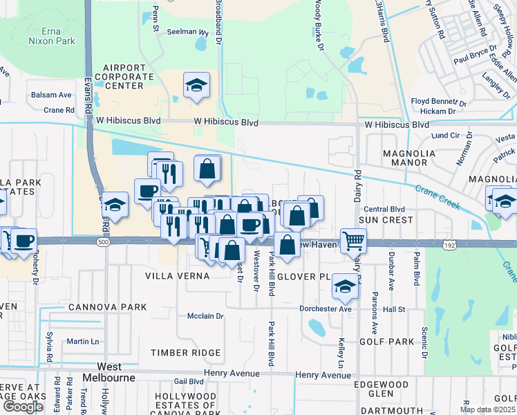 map of restaurants, bars, coffee shops, grocery stores, and more near 39 Piney Branch Way in Melbourne