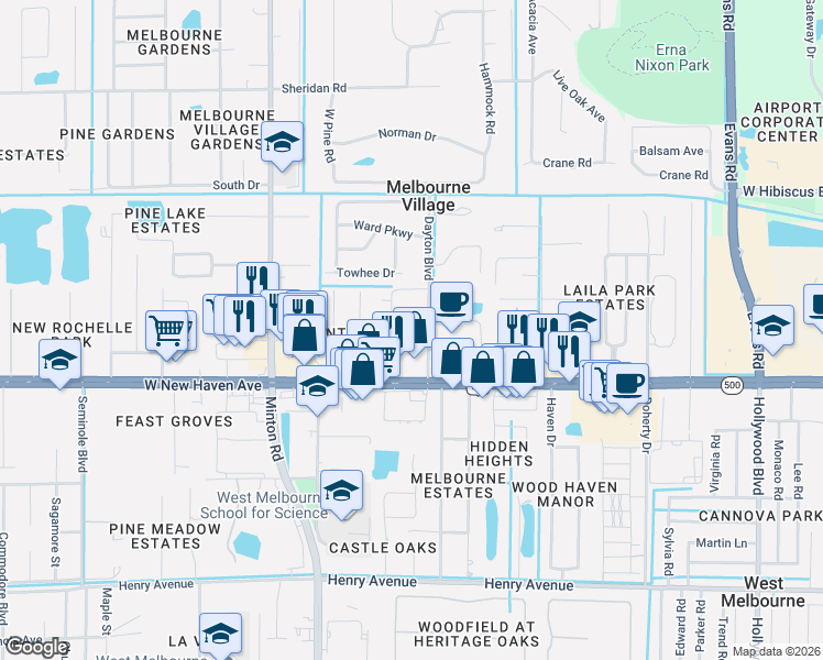 map of restaurants, bars, coffee shops, grocery stores, and more near 157 Dayton Boulevard in Melbourne