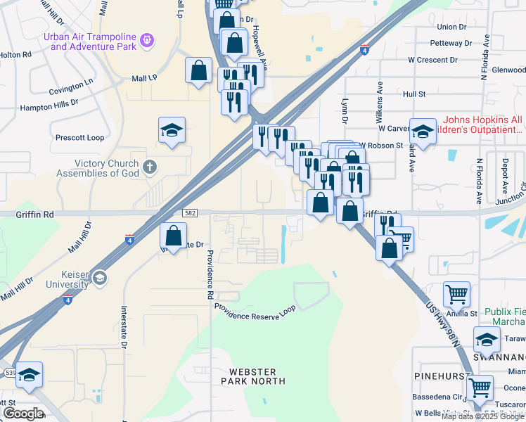 map of restaurants, bars, coffee shops, grocery stores, and more near 1006 Griffin Road in Lakeland