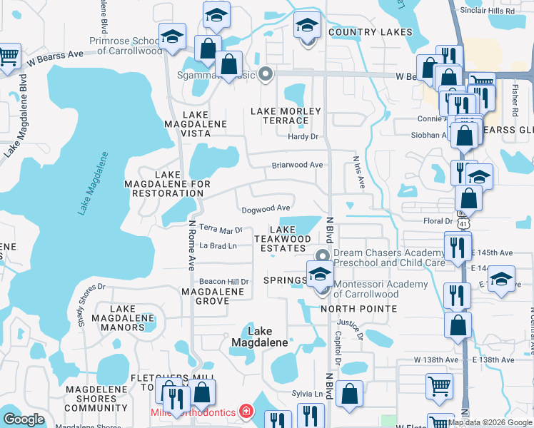 map of restaurants, bars, coffee shops, grocery stores, and more near 1108 Samy Drive in Tampa