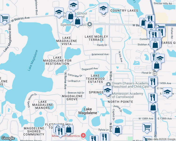 map of restaurants, bars, coffee shops, grocery stores, and more near 1108 Samy Drive in Tampa
