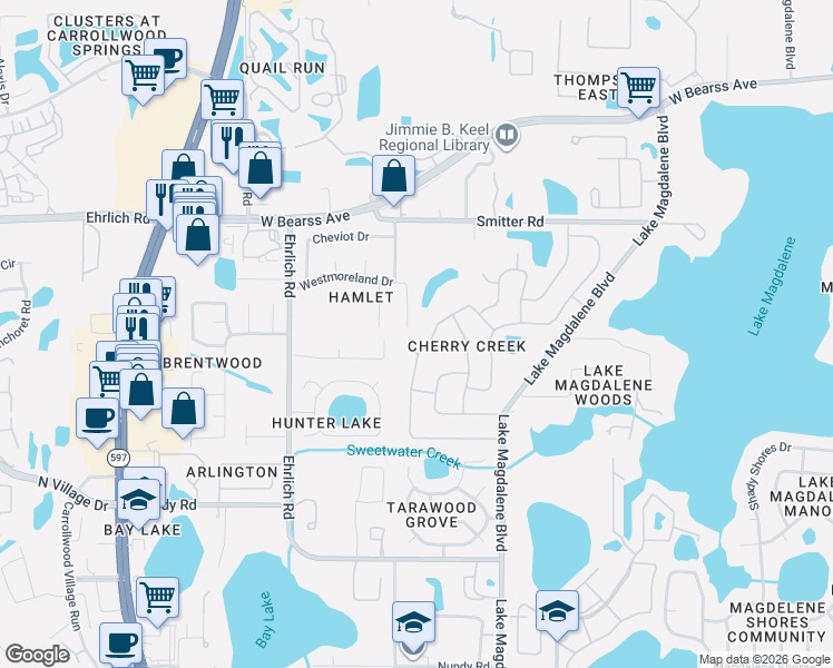 map of restaurants, bars, coffee shops, grocery stores, and more near 13912 Cherry Creek Drive in Tampa