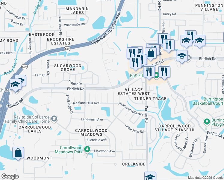 map of restaurants, bars, coffee shops, grocery stores, and more near 14508 Arbor Hills Road in Tampa