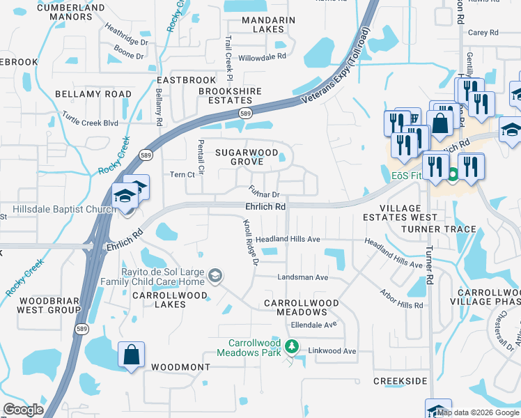 map of restaurants, bars, coffee shops, grocery stores, and more near 14510 Mainland Greens Place in Tampa