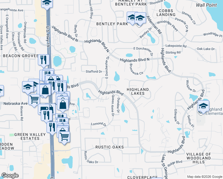 map of restaurants, bars, coffee shops, grocery stores, and more near 2850 Highlands Boulevard in Palm Harbor
