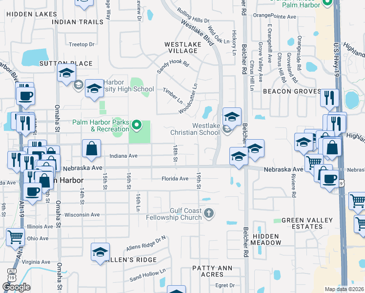 map of restaurants, bars, coffee shops, grocery stores, and more near 1280 18th Street in Palm Harbor