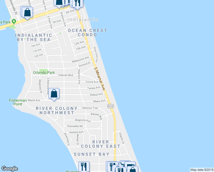 map of restaurants, bars, coffee shops, grocery stores, and more near 63 Tampa Avenue in Indialantic