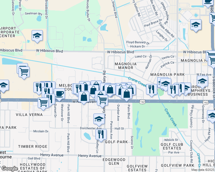 map of restaurants, bars, coffee shops, grocery stores, and more near 1436 Central Boulevard in Melbourne