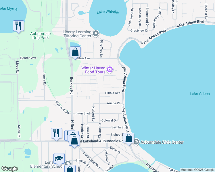map of restaurants, bars, coffee shops, grocery stores, and more near 221 Madalyn Court in Auburndale
