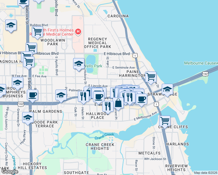 map of restaurants, bars, coffee shops, grocery stores, and more near 650 East Strawbridge Avenue in Melbourne