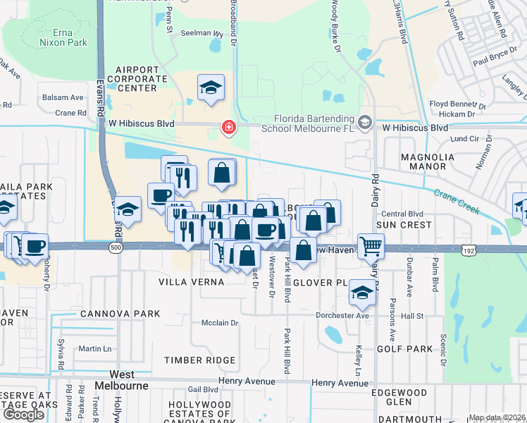 map of restaurants, bars, coffee shops, grocery stores, and more near 39 Piney Branch Way in Melbourne