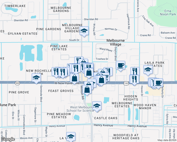 map of restaurants, bars, coffee shops, grocery stores, and more near 7025 Livingstone Lane in West Melbourne