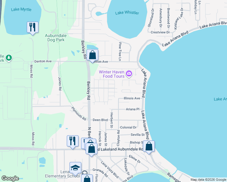 map of restaurants, bars, coffee shops, grocery stores, and more near 416 McElwee Drive in Auburndale