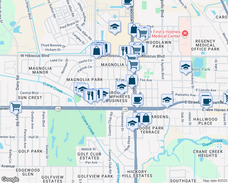 map of restaurants, bars, coffee shops, grocery stores, and more near 1715 South Park Avenue in Melbourne