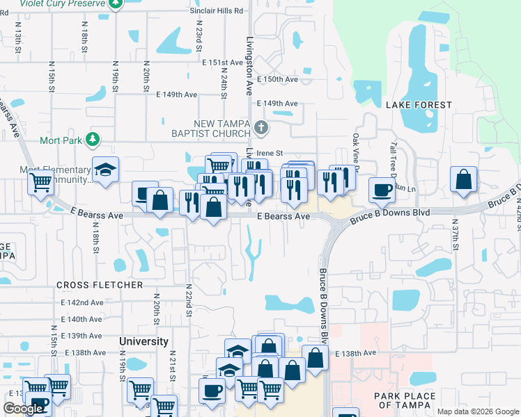 map of restaurants, bars, coffee shops, grocery stores, and more near 14603 Livingston Avenue in Lutz