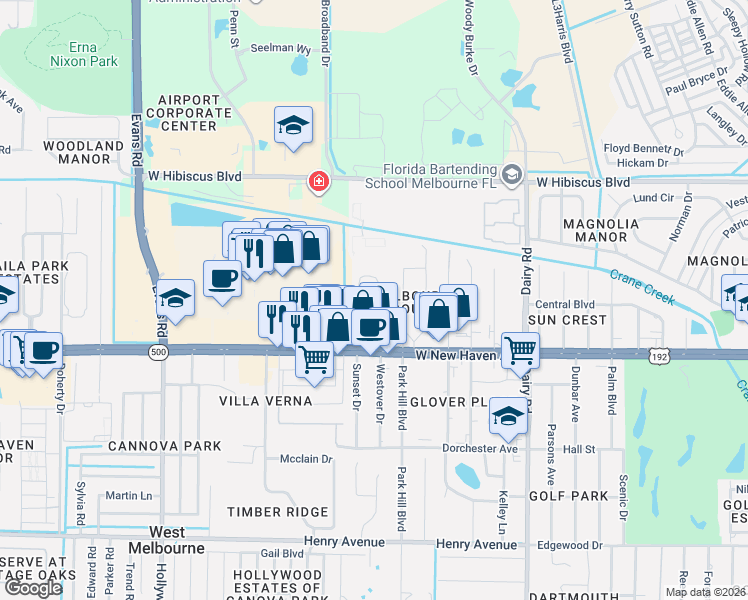 map of restaurants, bars, coffee shops, grocery stores, and more near 51 Piney Branch Way in Melbourne