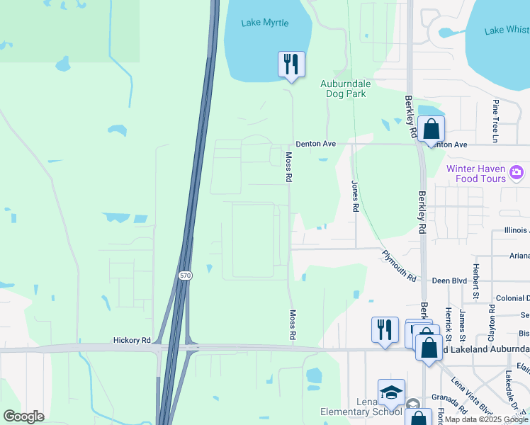 map of restaurants, bars, coffee shops, grocery stores, and more near 110 Moss Road in Auburndale
