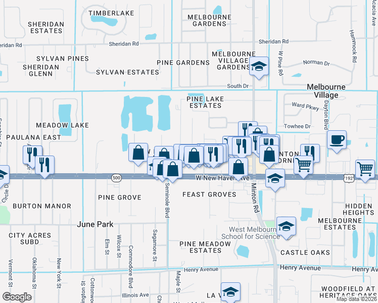 map of restaurants, bars, coffee shops, grocery stores, and more near 204 Ash Street in Melbourne