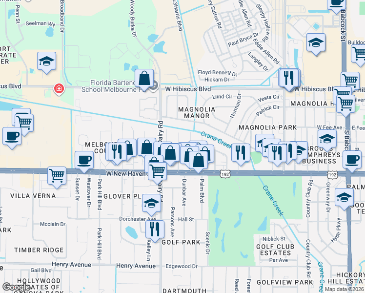 map of restaurants, bars, coffee shops, grocery stores, and more near 1812 Poinsetta Boulevard in Melbourne