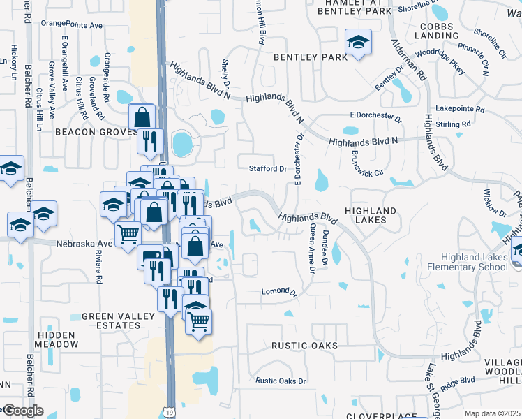 map of restaurants, bars, coffee shops, grocery stores, and more near 2724 Highlands Boulevard in Palm Harbor